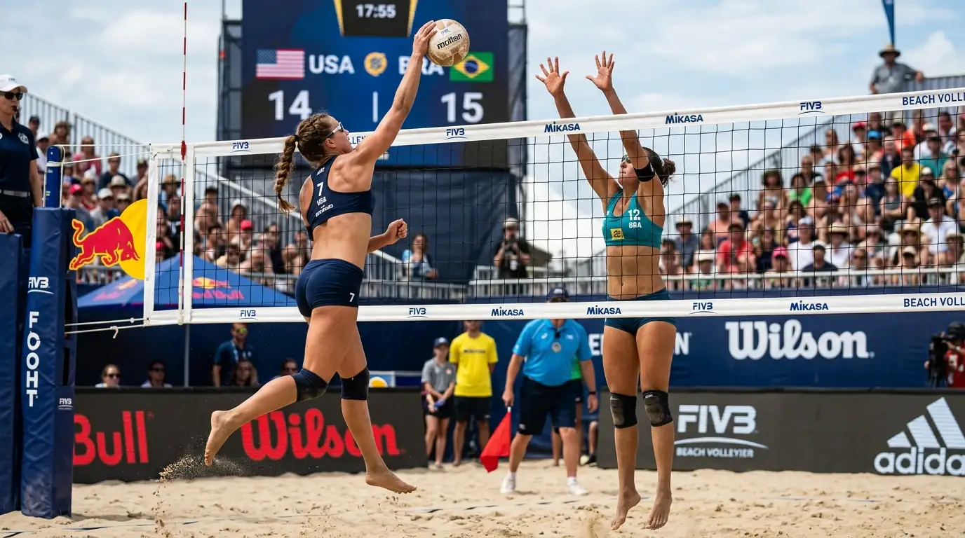 Beachvolleyball-Wetten Einstieg: Zwei Spieler am Netz auf Sandplatz – Siegwette und Marktübersicht erklärt